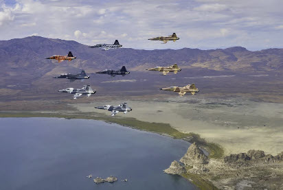 TacAir F-5s over pyramid Lake, Nevada.